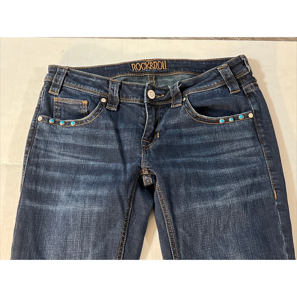 Rock & Roll Denim Western Cowgirl Trouser Women's 29 X 32 Jeans Turquoise Studs - Picture 2 of 16